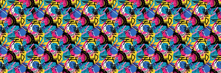 Seamless pattern with geometric shapes in the style. Multicolored vintage background with triangles, circles and squares for textile, fabric and Sudanese fabric art.