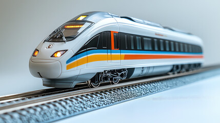 Fototapeta premium Modern high-speed train model on tracks, showcasing sleek design and vibrant colors against a neutral background.