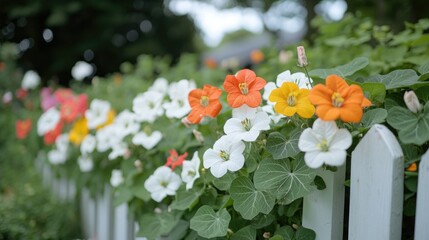 Colorful flowers bloom along white picket fence, garden background