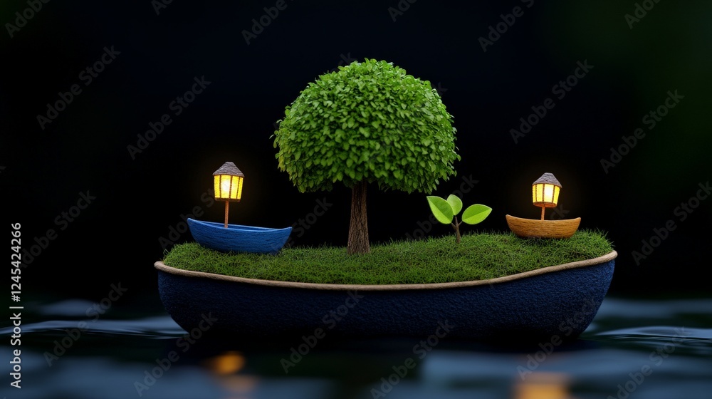 Poster miniature serene island: a whimsical 3d rendering of a tiny island featuring a miniature tree, two s