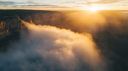 Fototapeta premium Golden sunlight piercing through fluffy clouds, serene sky above, nature’s beauty captured in a tranquil and inspiring atmosphere.