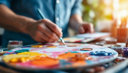 Obraz premium Artist Painting on Colorful Palette with Brush