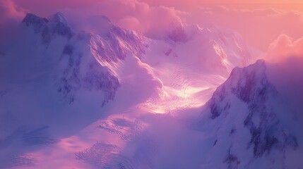 Fototapeta premium Majestic mountain landscape at sunrise, soft pastel colors illuminating snowy peaks, tranquil scene with copy-space for text.