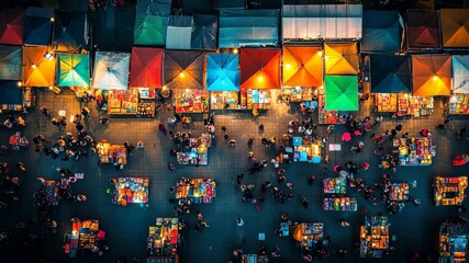 Vibrant night market aerial view with bustling crowd and illuminated stalls