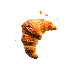 Golden baked croissant with flaky crust and crumbs, top-down view on white background