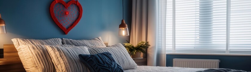 A cozy bedroom with a red heart-shaped dreamcatcher hanging above a bed flat design side view dreamy theme animation split-complementary color scheme