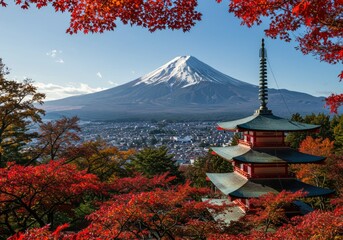 mount fuji chureito pagoda in autumn japan