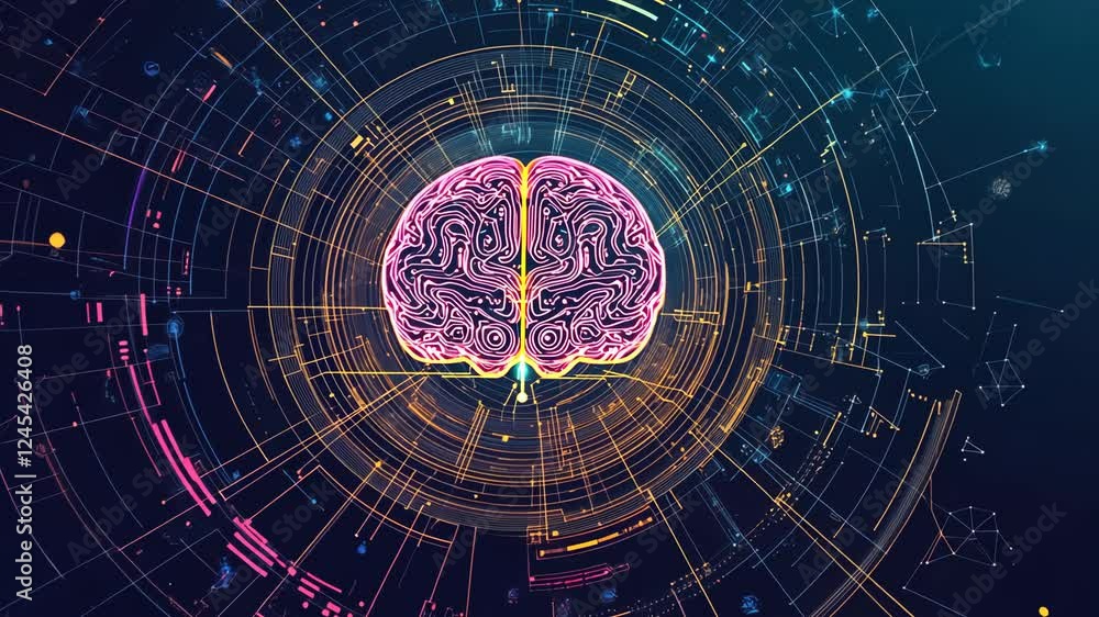 Poster futuristic brain network visualization with pulsating digital connections