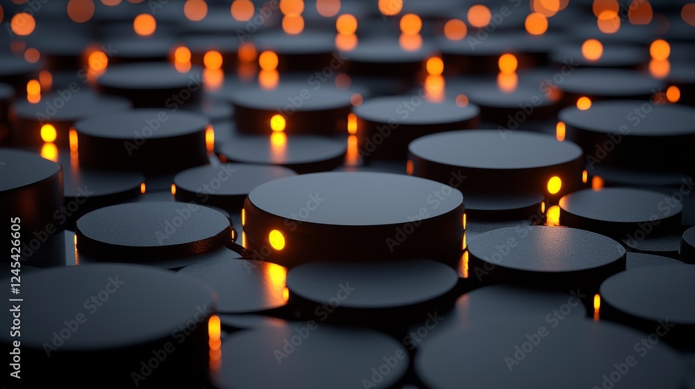 Poster glowing orange lights on black circular discs creating a captivating abstract pattern