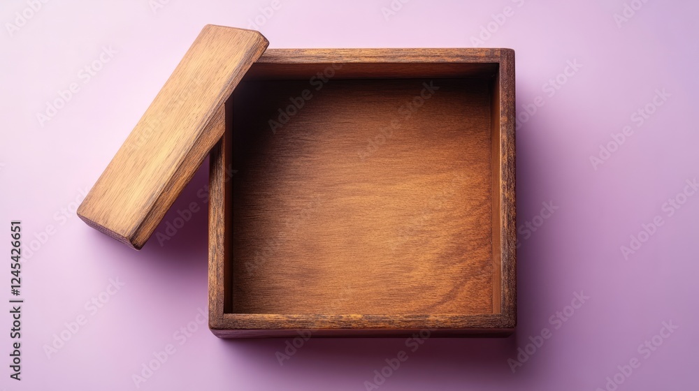 Poster an opened empty square wooden box with a polished texture on a soft lavender background