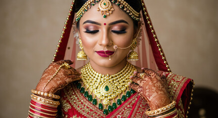 Obraz premium Portrait of a Indian woman bride in traditional Indian attire and mehndi art on her hand.