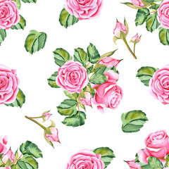 Watercolor roses. Seamless pattern of rose flowers, stems, leaves and buds. The drawing is made in watercolor technique by hand on an isolated background. Illustration for your design.