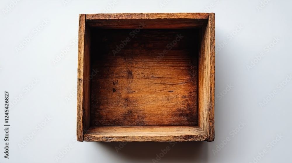 Poster an opened square empty wooden box on a plain white background