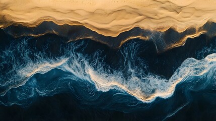 Fototapeta premium Elegant abstract waves of golden sand and deep blue water, showcasing fluid motion and serene natural beauty, ideal for backgrounds.
