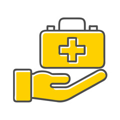 Obraz premium Hand holding yellow first aid kit, emergency preparedness