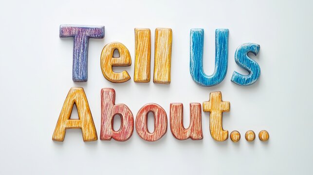 Colorful text art with "tell us about" message on white background