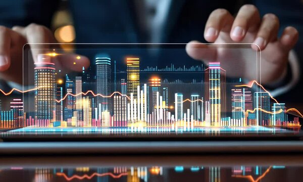 Cityscape financial data analysis on tablet