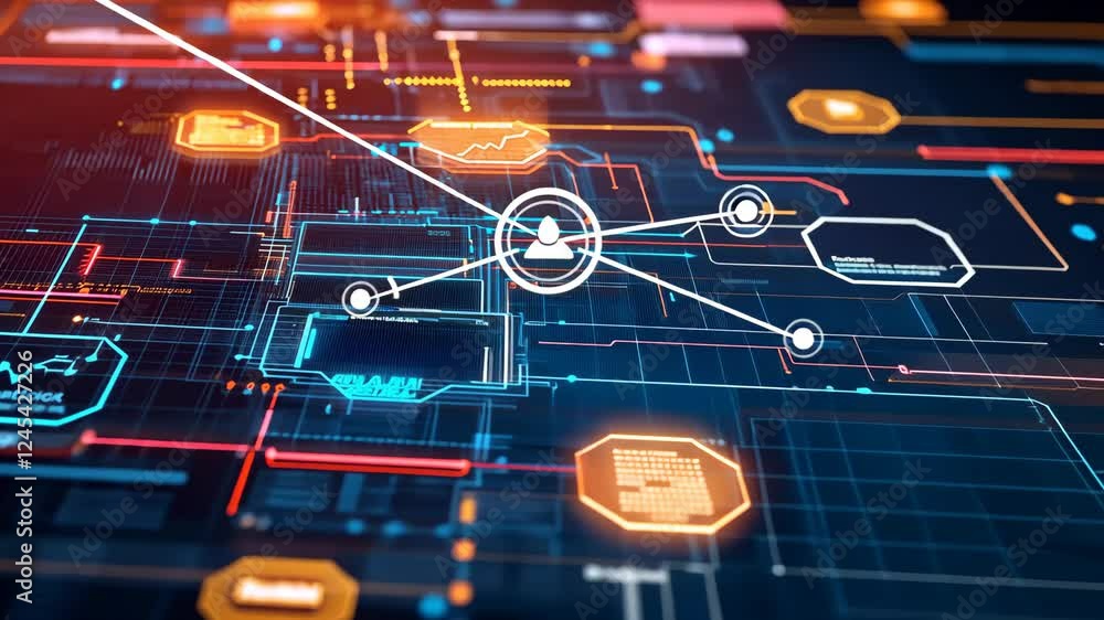 Poster futuristic circuit network with dynamic data visualization and digital connections