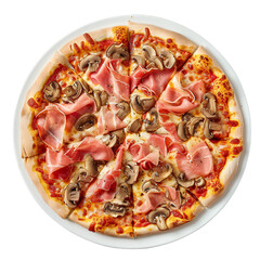 Whole pizza with prosciutto, mushrooms, and melted cheese on a white plate, top view, isolated on white background