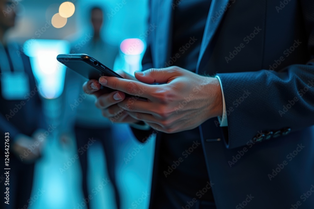 Poster a business professional interacting with a mobile device at a conference event in a modern setting, 