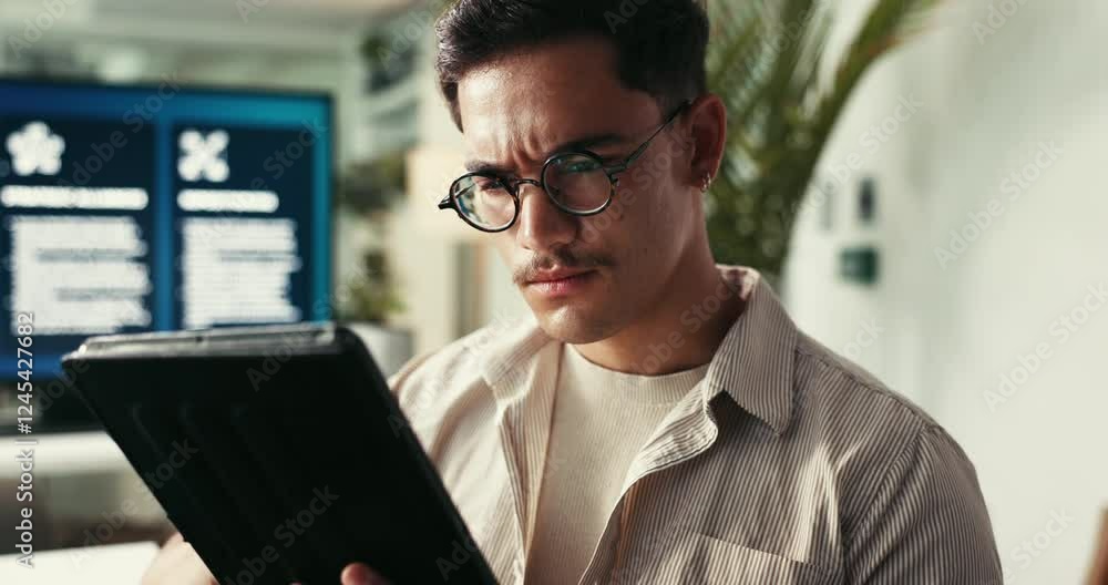 Poster Man, tablet and thinking for decision in office for accounting, notification or confused with application. Person, digital touchscreen and process for audit, feedback or problem solving at startup