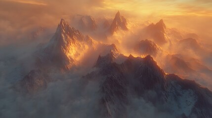 Fototapeta premium Majestic mountain landscape enveloped in clouds, breathtaking sunrise lighting, serene atmosphere perfect for inspiration.