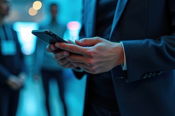 A Business Professional Interacting with a Mobile Device at a Conference Event in a Modern Setting, Focused on Networking and Communication