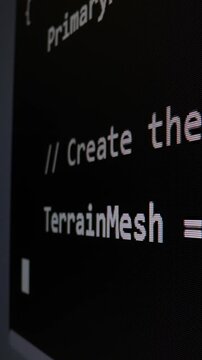 Closeup macro shot movement of coding script moving across LED screen with real-time AI-generated typing, showcasing advanced AI learning in optimization, debug and coding for software development.