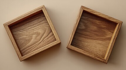 Fototapeta premium An opened square wooden box mockup with natural wood grain on a soft beige background 