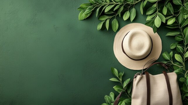 Summer travel essentials hat, bag, green leaves. Flat lay for blog, website