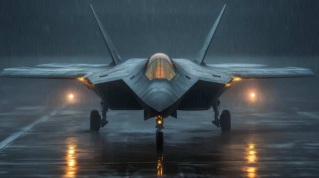 F-22 raptor stealth fighter jet on rainy runway with lights on