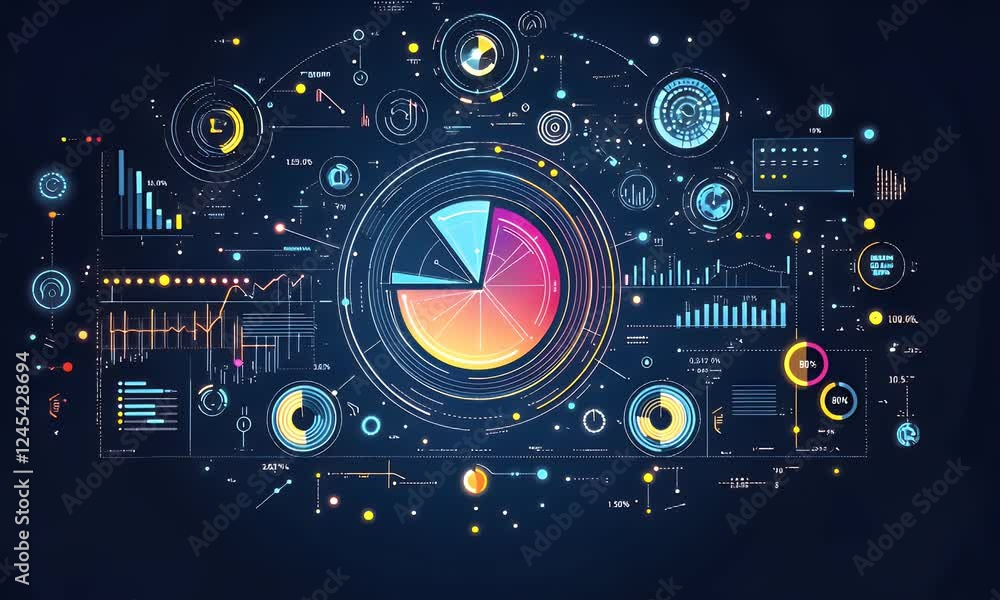 Poster data analysis dashboard displays digital charts, graphs, and infographics on dark background for bus