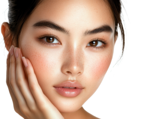 A close up shot showcases a young woman's radiant face with natural freckles and soft makeup.