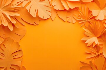 Warm orange backdrop surrounded by intricately cut paper leaves,
