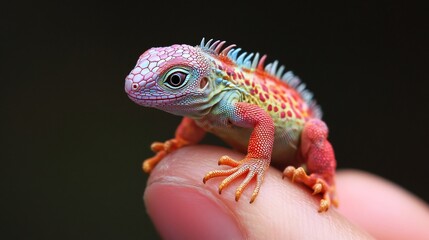Obraz premium Vibrant Baby Iguana on a Finger: A Close-Up Macro Shot