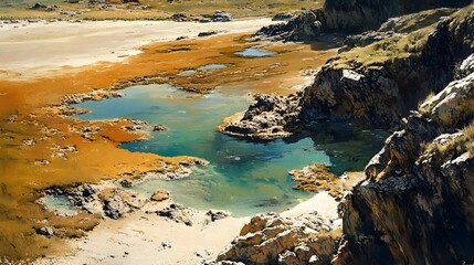 Fototapeta premium Scenic coastal view, rocky cliffs overlooking a serene beach with turquoise water, perfect for travel or relaxation themes.