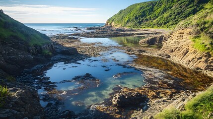 Obraz premium Serene coastal landscape, rocky shoreline with clear blue waters, lush green hills, ideal for nature appreciation or adventure text.