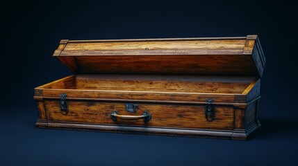 An opened wooden casket mockup with sharp edges on a deep navy background 