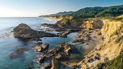 Coastal landscape with rocky shore, serene ocean waves, lush green hills, perfect for relaxation or nature highlights.