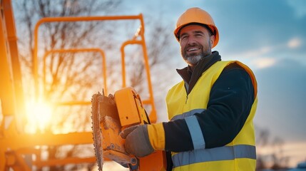 Smiling construction worker in safety gear operating a chainsaw at sunset near machinery