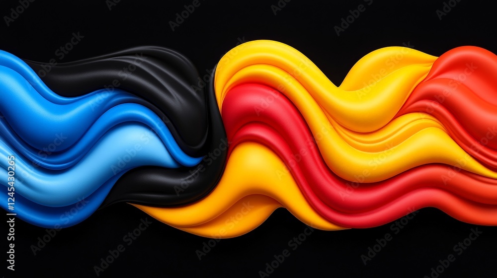 Poster Abstract Wave Flow: Vibrant blue, black, red and yellow waves intertwine dynamically against a stark black backdrop, creating a mesmerizing visual symphony of color and movement.