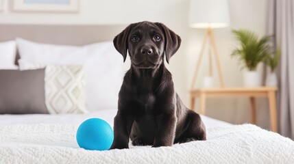 Chocolate Labrador Puppy: An adorable chocolate Labrador puppy sits attentively on a bed, a bright blue ball resting beside it. The cozy bedroom setting adds to the heartwarming scene. 