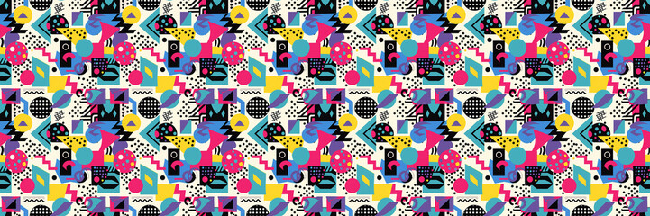 Seamless pattern with geometric shapes in the style. Multicolored vintage background with triangles, circles and squares for textile, fabric and Sudanese fabric art.