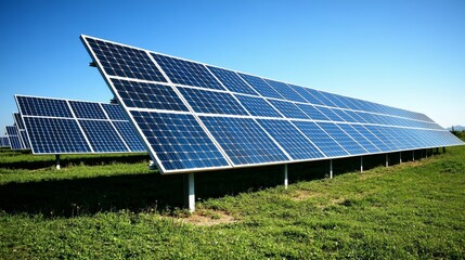 Rows of solar panels in a green field under clear blue sky