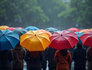 A Row of Multicolored Umbrellas in a Heavy Rainstorm, Symbolizing Different Cultures and Communities Standing Strong Together