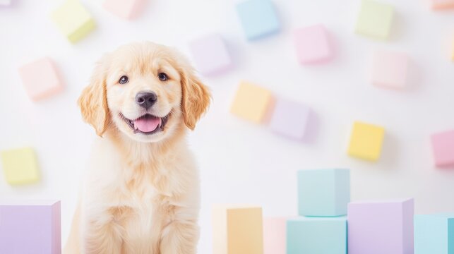 Golden Retriever Puppy with Colorful Blocks: A precious Golden Retriever puppy sits among colorful pastel blocks, radiating joy and innocence with its sweet smile.
