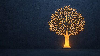 potential strength sustainability concept. Glowing tree silhouette with intricate leaves against a dark background.