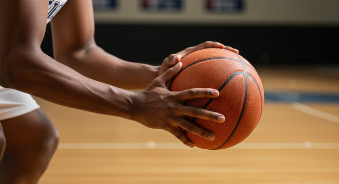 Closeup of basketball player holding ball on court.