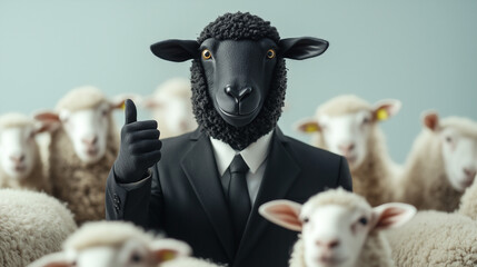 Black Sheep in Business Suit: A man in a black suit wearing a black sheep mask gives a thumbs-up, surrounded by a flock of white sheep.  A conceptual image exploring themes of individuality.