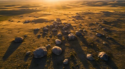 Golden sunrise over a tranquil field, dew-kissed grass glimmers in morning light, ideal for nature-themed content.
